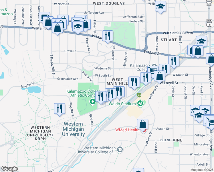 map of restaurants, bars, coffee shops, grocery stores, and more near 409 Sprague Avenue in Kalamazoo