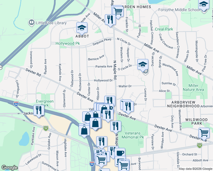 map of restaurants, bars, coffee shops, grocery stores, and more near 737 North Maple Road in Ann Arbor