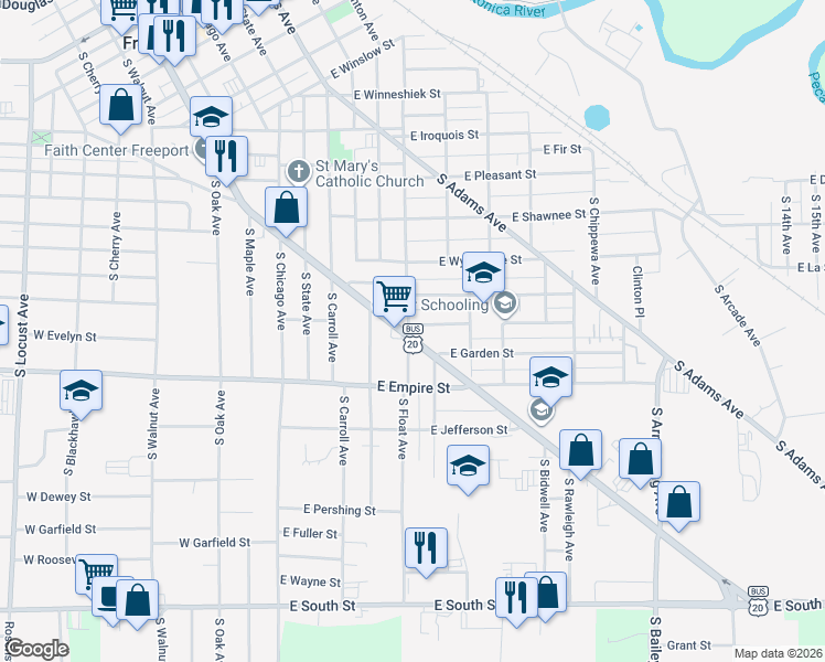 map of restaurants, bars, coffee shops, grocery stores, and more near 1204-1206 North Galena Avenue in Freeport