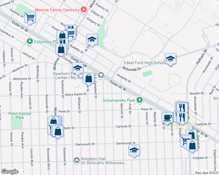 map of restaurants, bars, coffee shops, grocery stores, and more near 3255 Gertrude Street in Dearborn