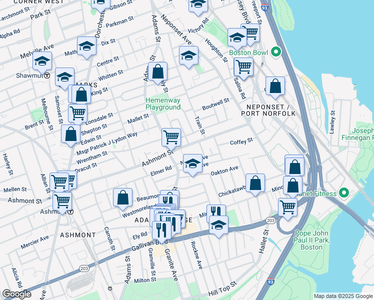 map of restaurants, bars, coffee shops, grocery stores, and more near 469 Ashmont Street in Dorchester