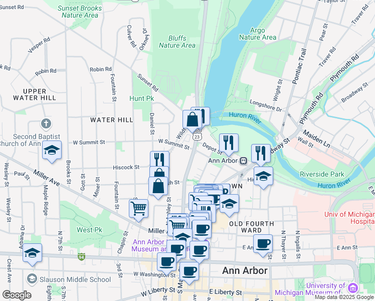 map of restaurants, bars, coffee shops, grocery stores, and more near 111 West Summit Street in Ann Arbor