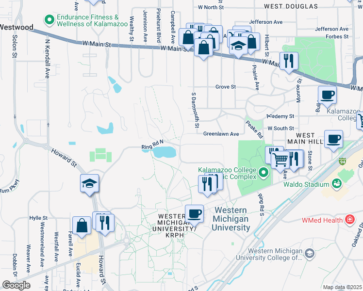 map of restaurants, bars, coffee shops, grocery stores, and more near 2200 Goldsworth Drive in Kalamazoo