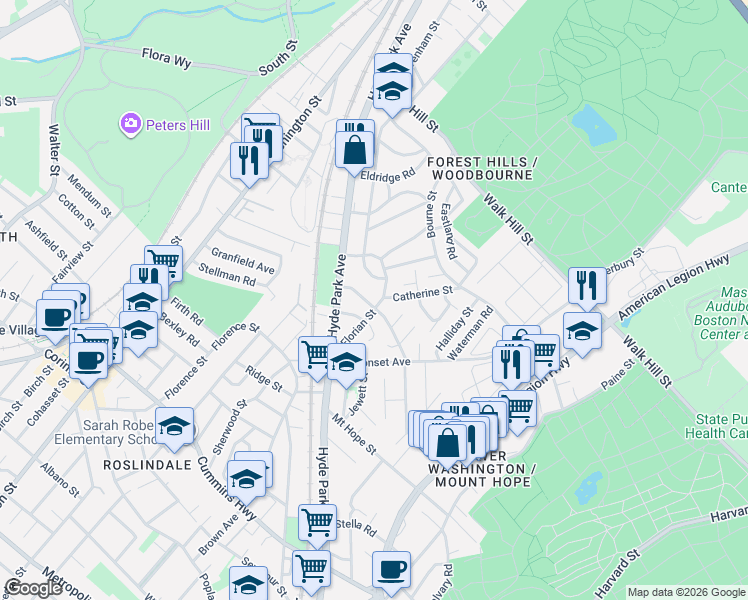 map of restaurants, bars, coffee shops, grocery stores, and more near 34 Wyvern Street in Boston