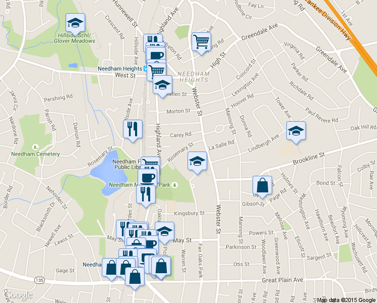 map of restaurants, bars, coffee shops, grocery stores, and more near 36 Rosemary Street in Needham