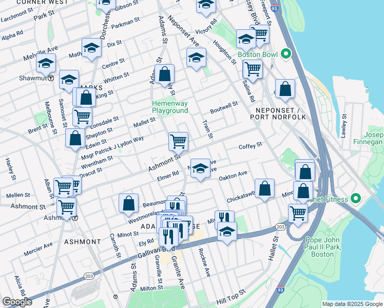 map of restaurants, bars, coffee shops, grocery stores, and more near 24 Nahant Avenue in Boston
