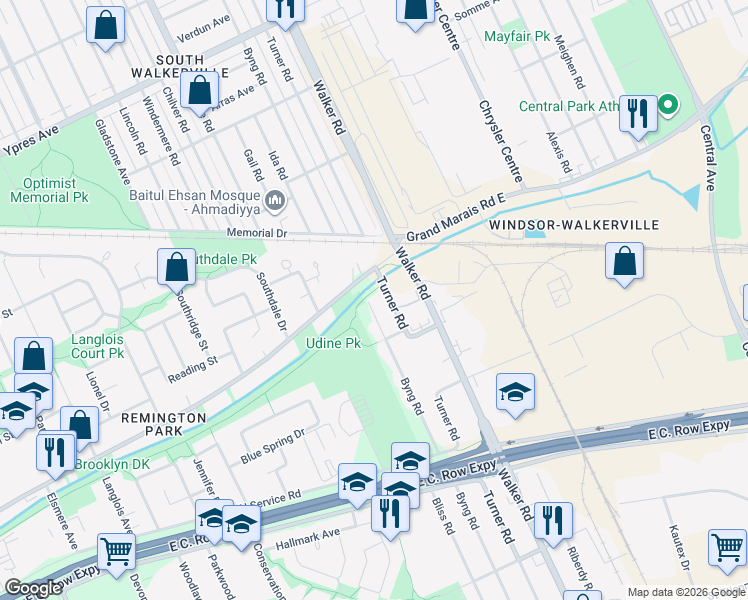 map of restaurants, bars, coffee shops, grocery stores, and more near 2822 Byng Road in Windsor