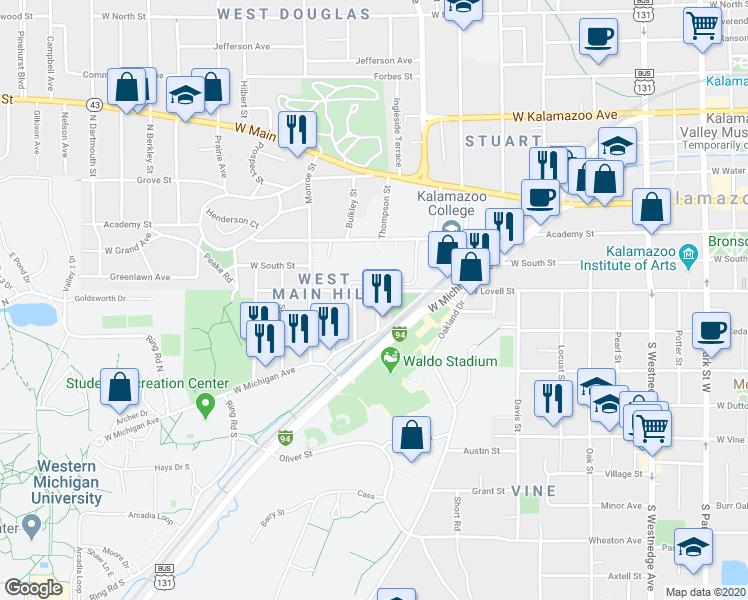 map of restaurants, bars, coffee shops, grocery stores, and more near 422 Eldred Street in Kalamazoo