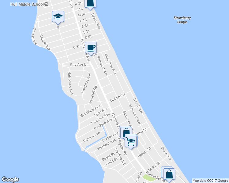 map of restaurants, bars, coffee shops, grocery stores, and more near 166 Samoset Avenue in Hull