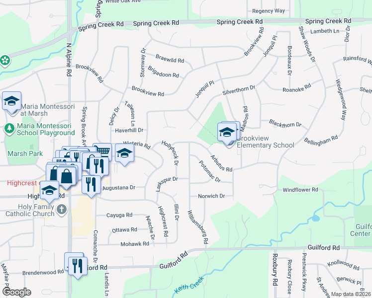map of restaurants, bars, coffee shops, grocery stores, and more near 1698 Williamsburg Road in Rockford