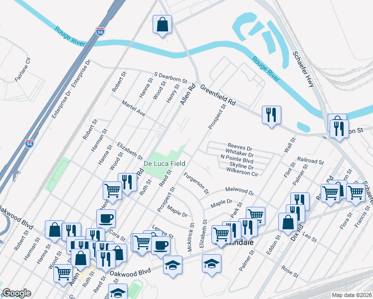 map of restaurants, bars, coffee shops, grocery stores, and more near 17420 Reed Street in Melvindale