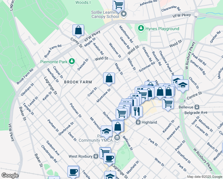 map of restaurants, bars, coffee shops, grocery stores, and more near 20 Montview Street in Boston