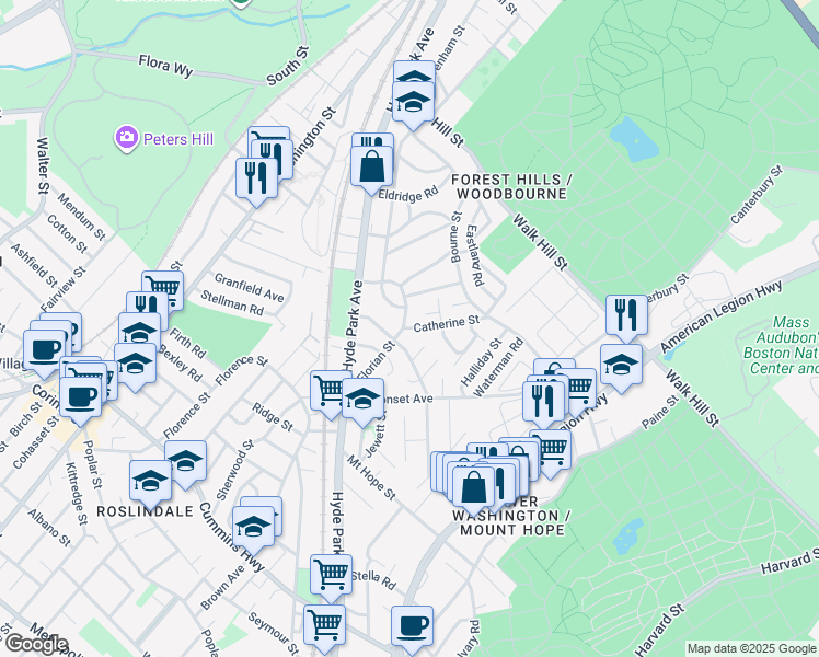 map of restaurants, bars, coffee shops, grocery stores, and more near 64 Catherine Street in Boston