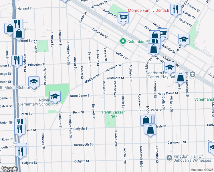 map of restaurants, bars, coffee shops, grocery stores, and more near 3235 Vassar Street in Dearborn