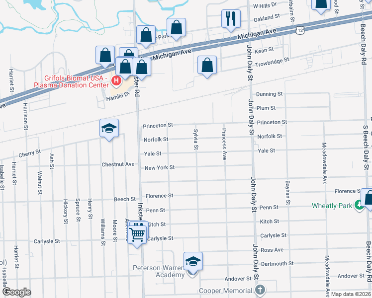 map of restaurants, bars, coffee shops, grocery stores, and more near 27025 Yale Street in Inkster