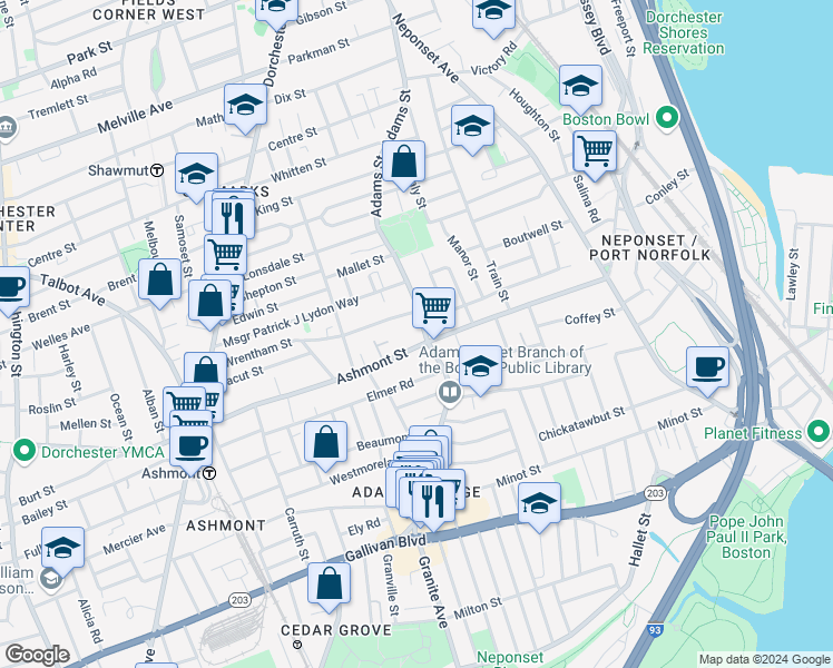 map of restaurants, bars, coffee shops, grocery stores, and more near 402 Ashmont Street in Boston