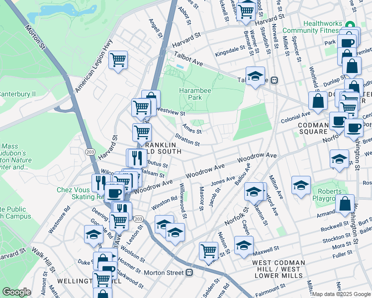 map of restaurants, bars, coffee shops, grocery stores, and more near 175 Callender Street in Boston