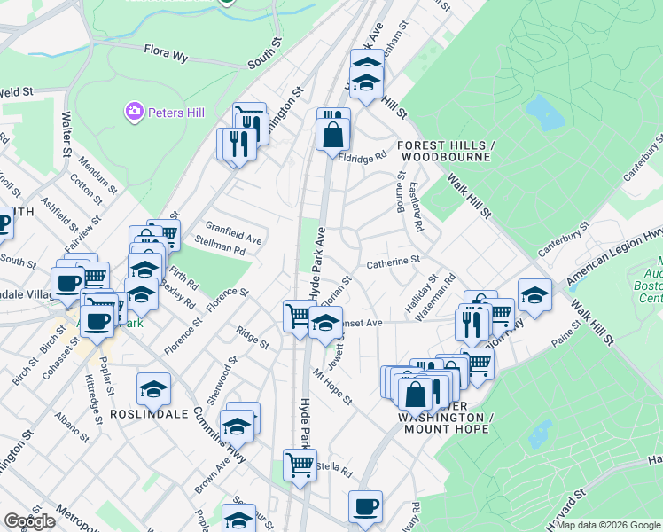 map of restaurants, bars, coffee shops, grocery stores, and more near 374 Hyde Park Avenue in Boston