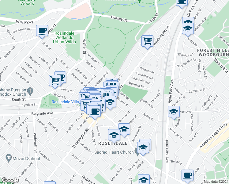 map of restaurants, bars, coffee shops, grocery stores, and more near 4175 Washington Street in Boston