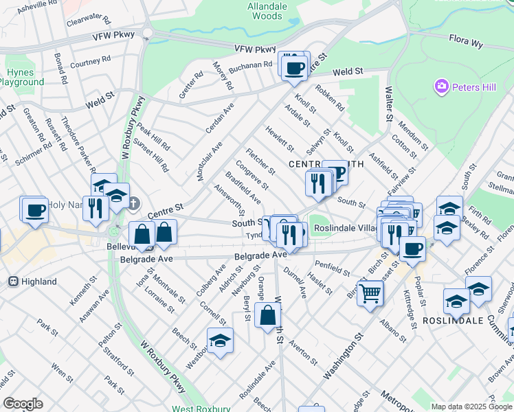 map of restaurants, bars, coffee shops, grocery stores, and more near 1 Bradford Circle in Boston