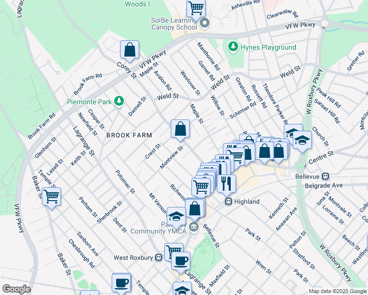 map of restaurants, bars, coffee shops, grocery stores, and more near 20 Montview Street in Boston