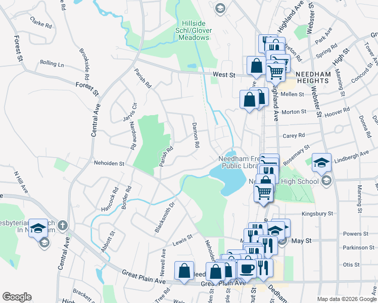 map of restaurants, bars, coffee shops, grocery stores, and more near 134 Damon Road in Needham