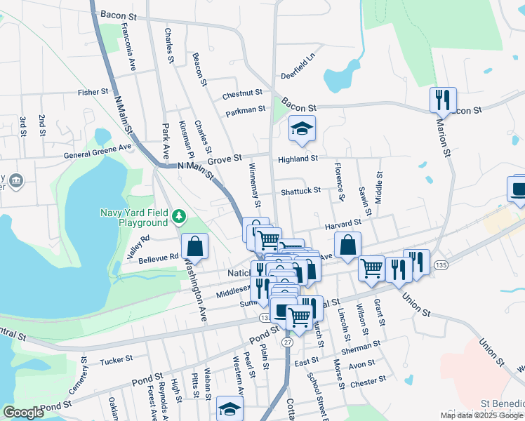map of restaurants, bars, coffee shops, grocery stores, and more near 4 Winnemay Street in Natick