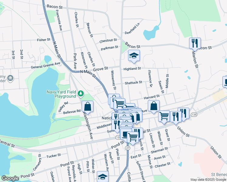 map of restaurants, bars, coffee shops, grocery stores, and more near 4 Winnemay Street in Natick