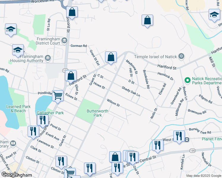 map of restaurants, bars, coffee shops, grocery stores, and more near 311 Bishop Street in Framingham