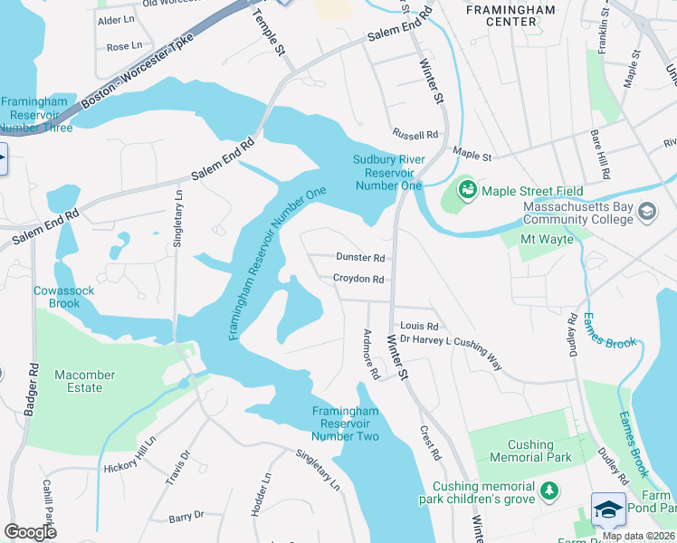map of restaurants, bars, coffee shops, grocery stores, and more near 46 Croydon Road in Framingham