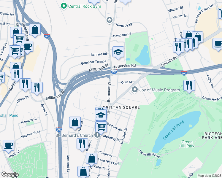 map of restaurants, bars, coffee shops, grocery stores, and more near 7 Frothingham Road in Worcester