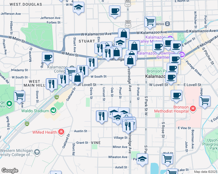 map of restaurants, bars, coffee shops, grocery stores, and more near 417 Locust Street in Kalamazoo