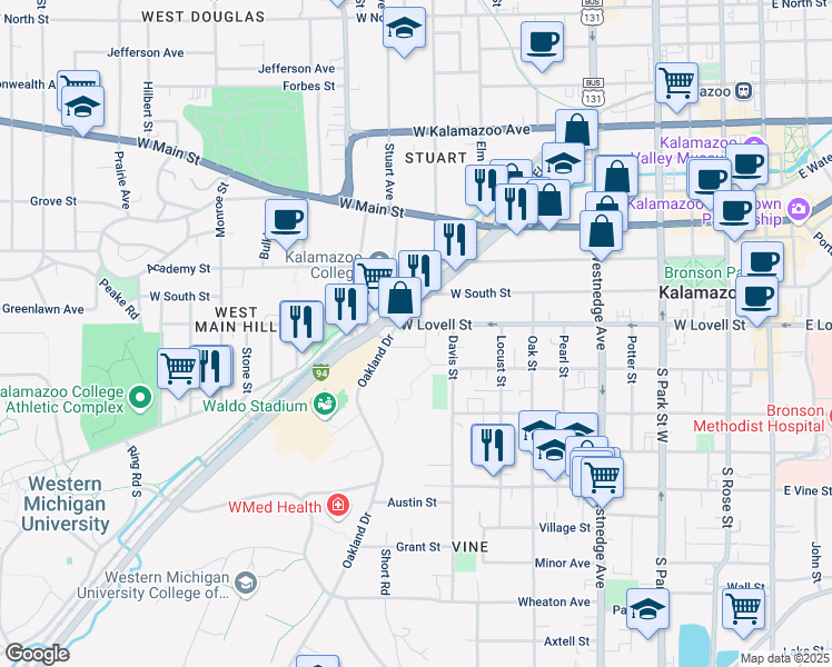 map of restaurants, bars, coffee shops, grocery stores, and more near in Kalamazoo