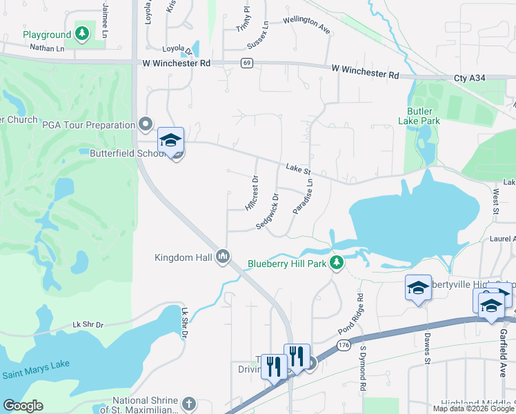 map of restaurants, bars, coffee shops, grocery stores, and more near 618 Hillcrest Drive in Libertyville
