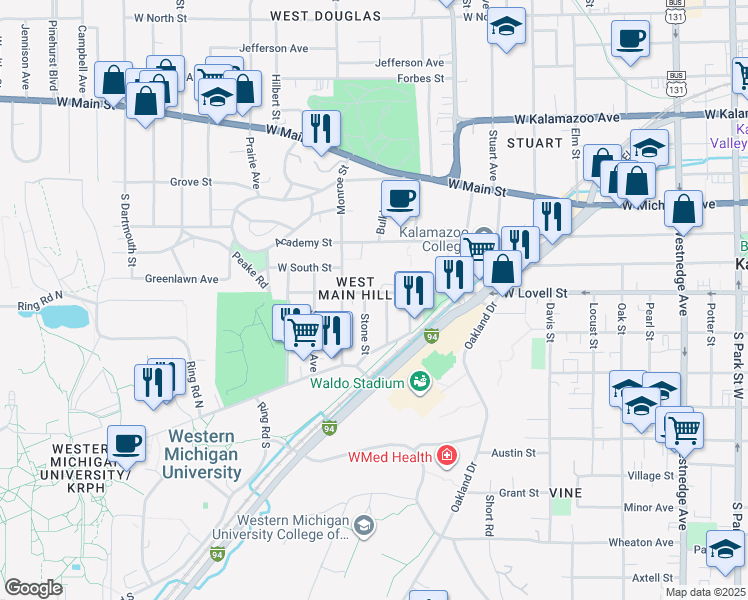 map of restaurants, bars, coffee shops, grocery stores, and more near 1315 West Lovell Street in Kalamazoo