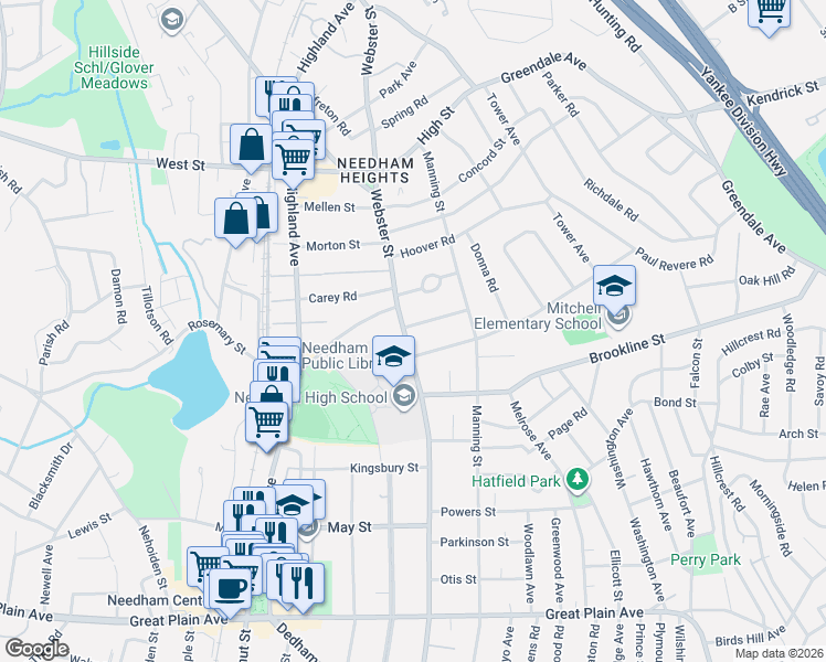 map of restaurants, bars, coffee shops, grocery stores, and more near 52 La Salle Road in Needham