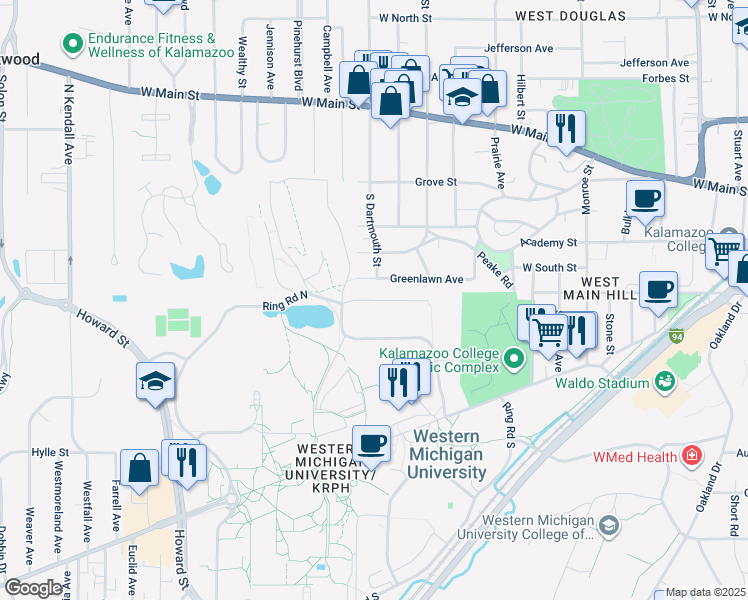 map of restaurants, bars, coffee shops, grocery stores, and more near 2200 Goldsworth Drive in Kalamazoo