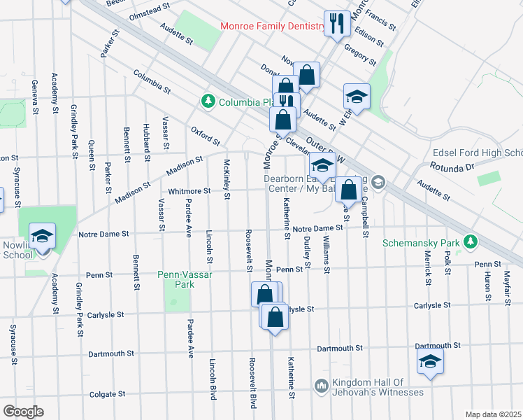 map of restaurants, bars, coffee shops, grocery stores, and more near 3244 Monroe Street in Dearborn