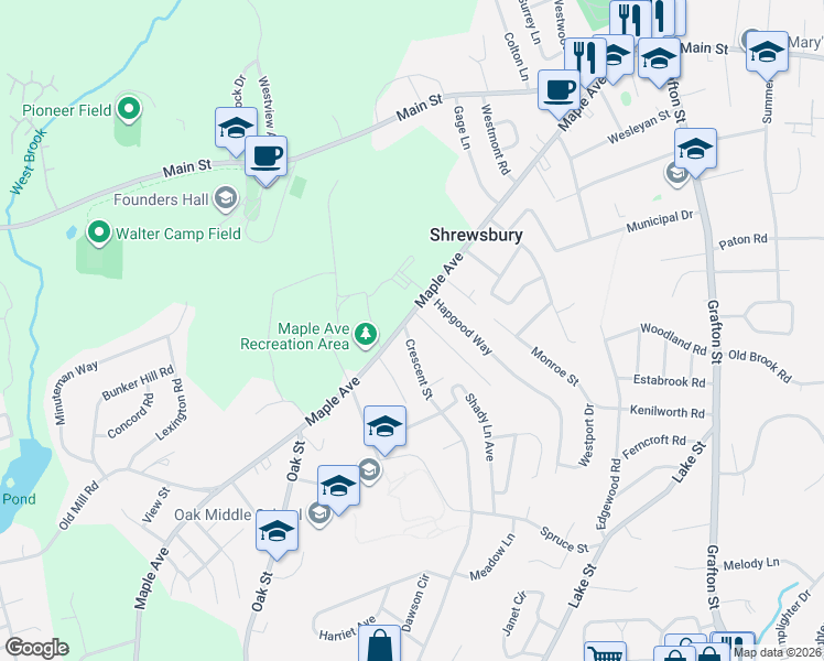 map of restaurants, bars, coffee shops, grocery stores, and more near 145 Maple Avenue in Shrewsbury