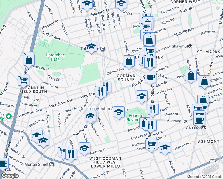 map of restaurants, bars, coffee shops, grocery stores, and more near 7 Ferndale Street in Boston