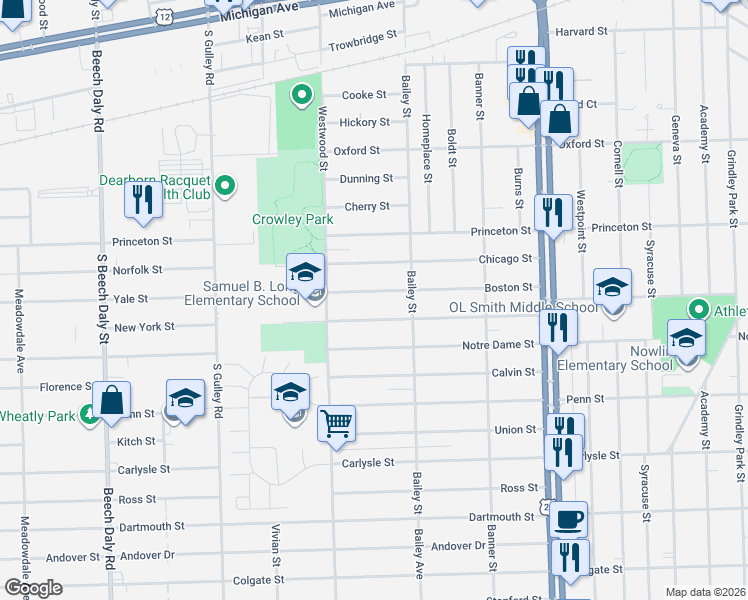 map of restaurants, bars, coffee shops, grocery stores, and more near 24730 New York Street in Dearborn