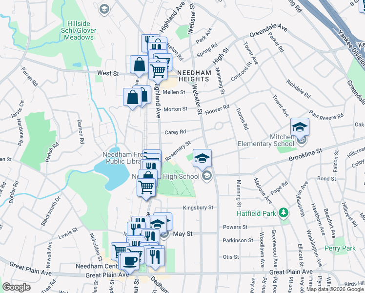 map of restaurants, bars, coffee shops, grocery stores, and more near 66 Rosemary Street in Needham