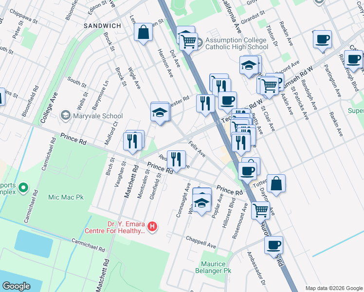 map of restaurants, bars, coffee shops, grocery stores, and more near in Windsor