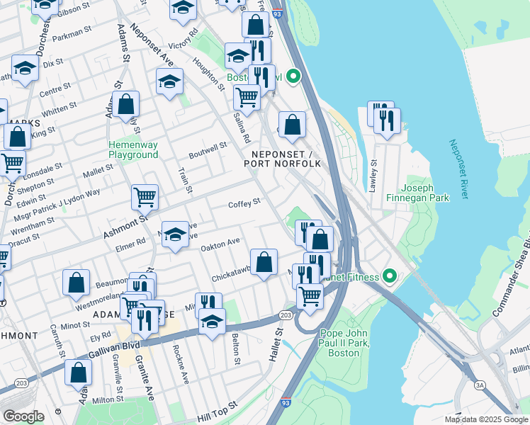 map of restaurants, bars, coffee shops, grocery stores, and more near 301 Neponset Avenue in Boston