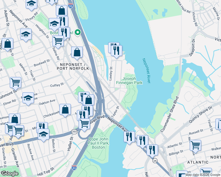 map of restaurants, bars, coffee shops, grocery stores, and more near 50 Redfield Street in Boston