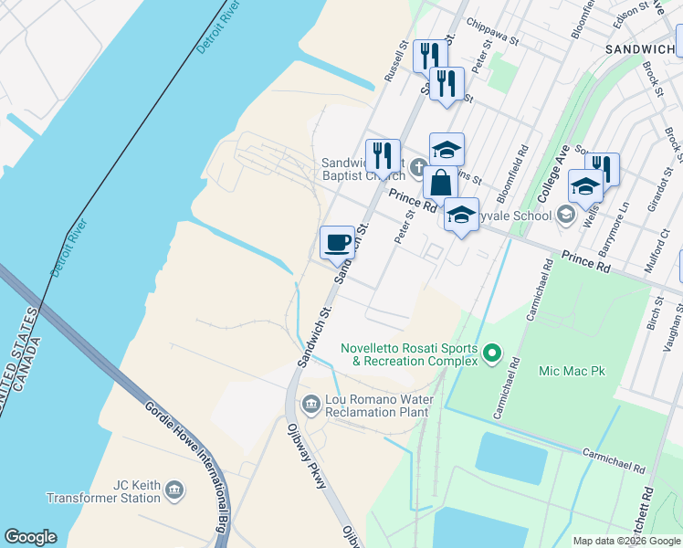 map of restaurants, bars, coffee shops, grocery stores, and more near Sandwich Street in Windsor
