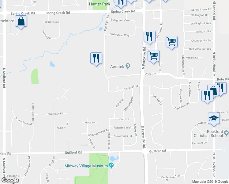 map of restaurants, bars, coffee shops, grocery stores, and more near 6768 Reid Farm Road in Rockford