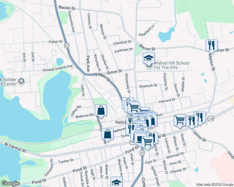 map of restaurants, bars, coffee shops, grocery stores, and more near 52 North Main Street in Natick