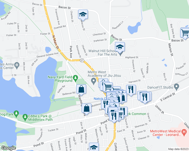 map of restaurants, bars, coffee shops, grocery stores, and more near 52 North Main Street in Natick