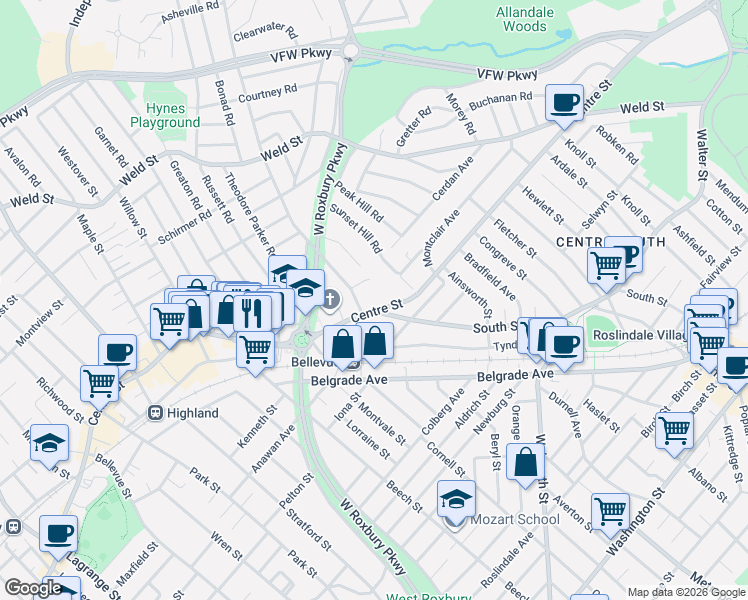 map of restaurants, bars, coffee shops, grocery stores, and more near 1646 Centre Street in Boston